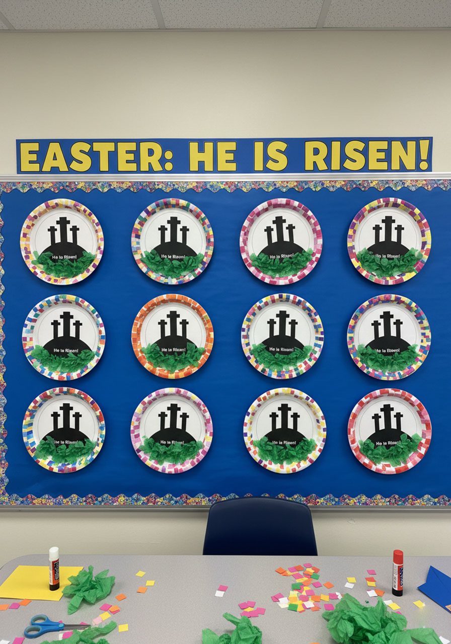 Sunday school classroom bulletin board displaying multiple He is Risen Easter crafts showing creative display ideas