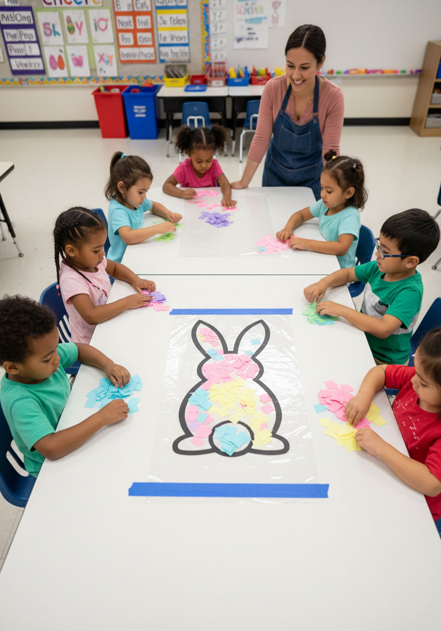 Elementary school children working together on large collaborative Easter bunny sun catcher craft project at classroom table