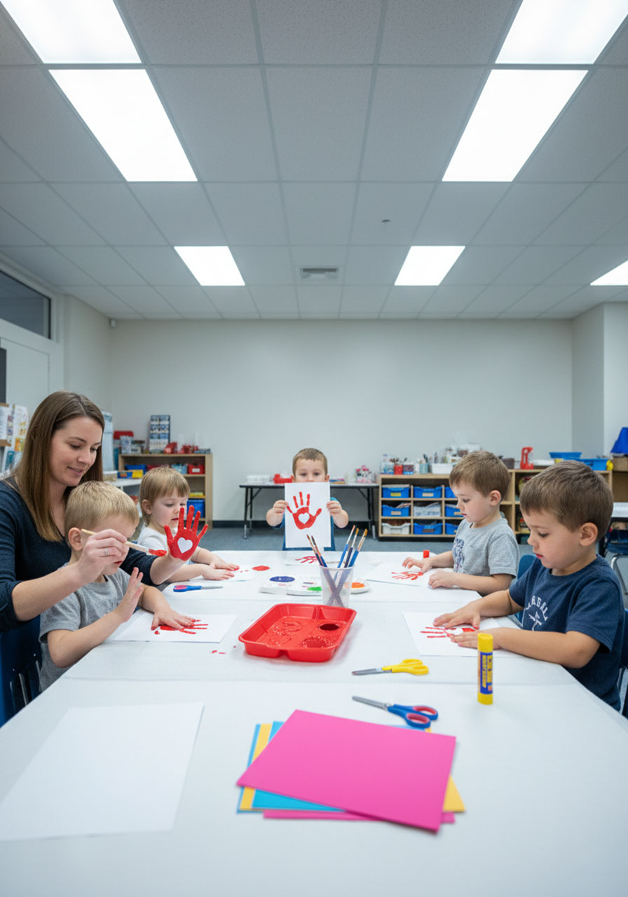 Classroom craft station setup for kids making DIY Mother's Day handprint accordion cards, with teacher helping students paint and press handprints