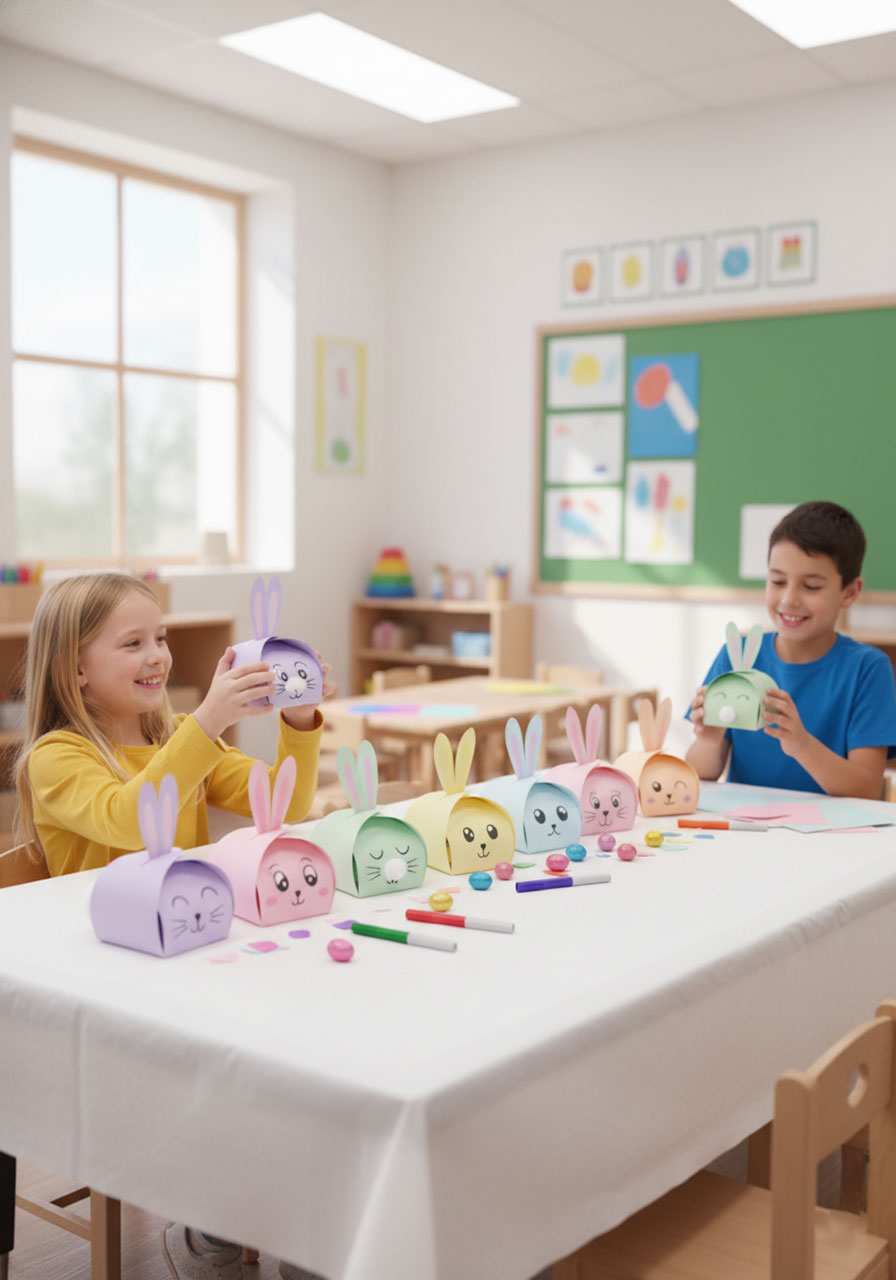 Eight completed paper bunny gift boxes in pastel colours lined up on a classroom craft table with two children