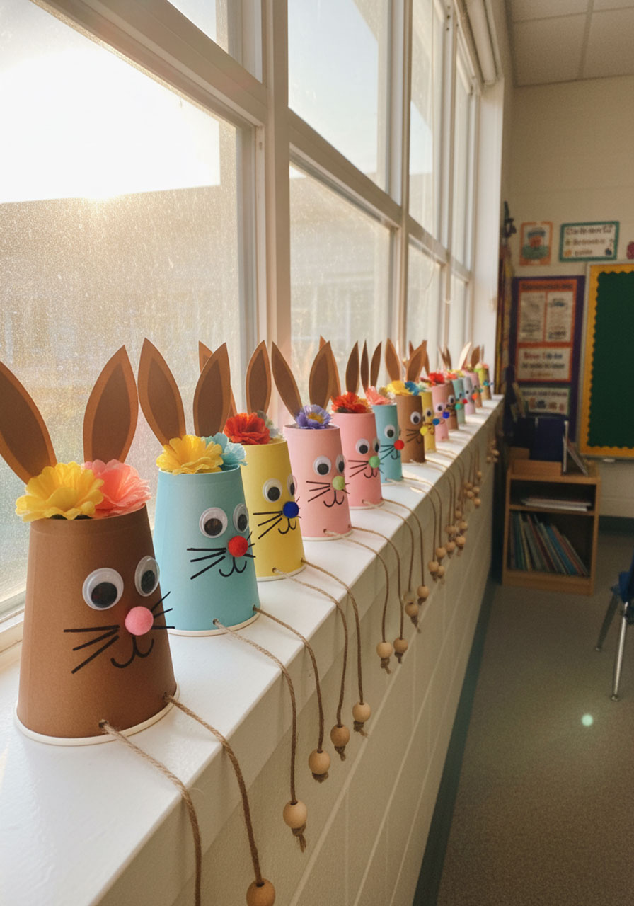 Elementary classroom windowsill displaying student-made paper cup Easter bunny crafts in a row