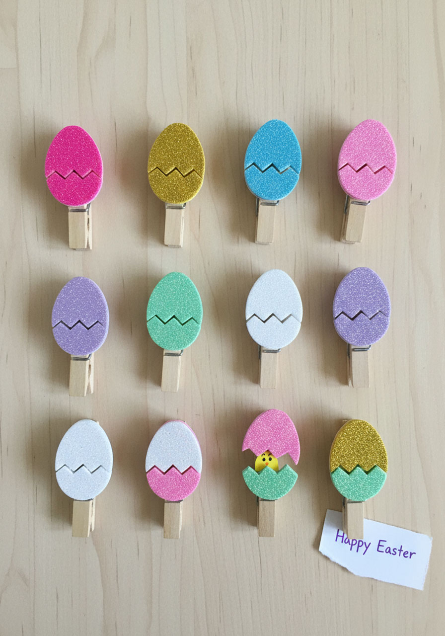 Twelve colorful peek-a-boo clothespin Easter eggs in varied glitter foam colors arranged on a school desk, two open showing yellow chick faces, perfect classroom Easter craft set