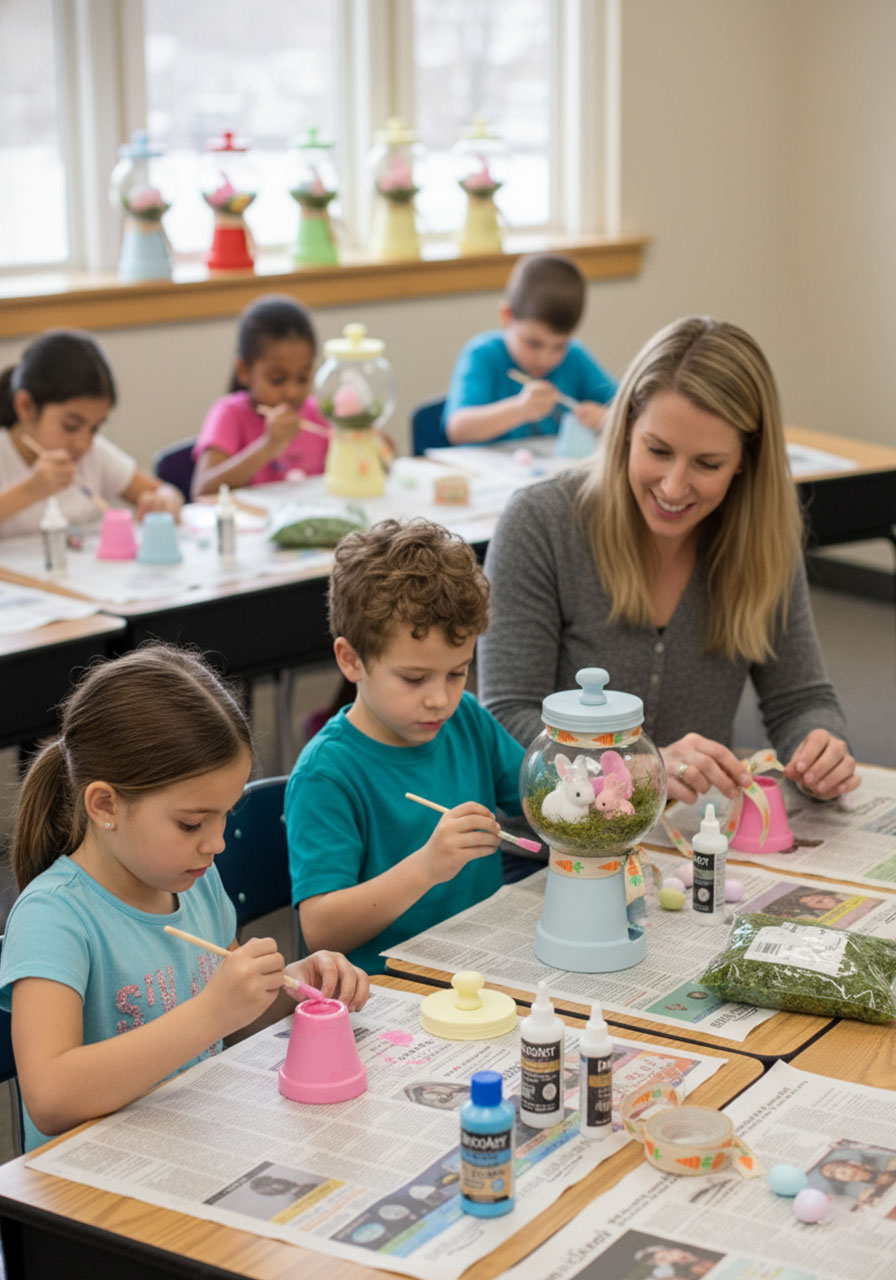 Elementary classroom students making DIY bunny gumball machines with teacher supervision as spring craft activity