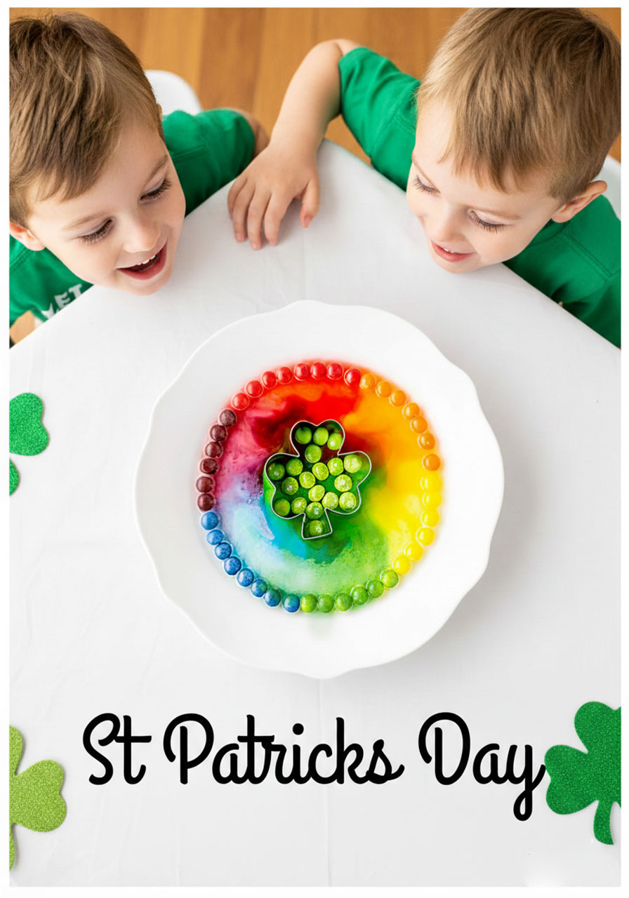 Final result of St. Patrick's Day Skittles rainbow science experiment showing complete color diffusion pattern for preschool STEM learning
