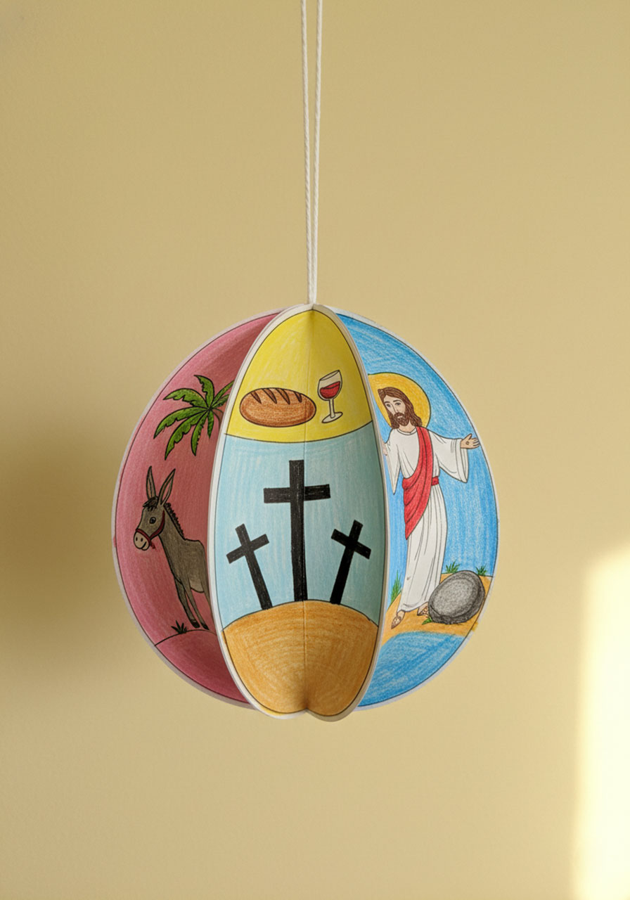 Completed 3D Easter story egg craft hanging on wall showing all five biblical scene panels in circular formation