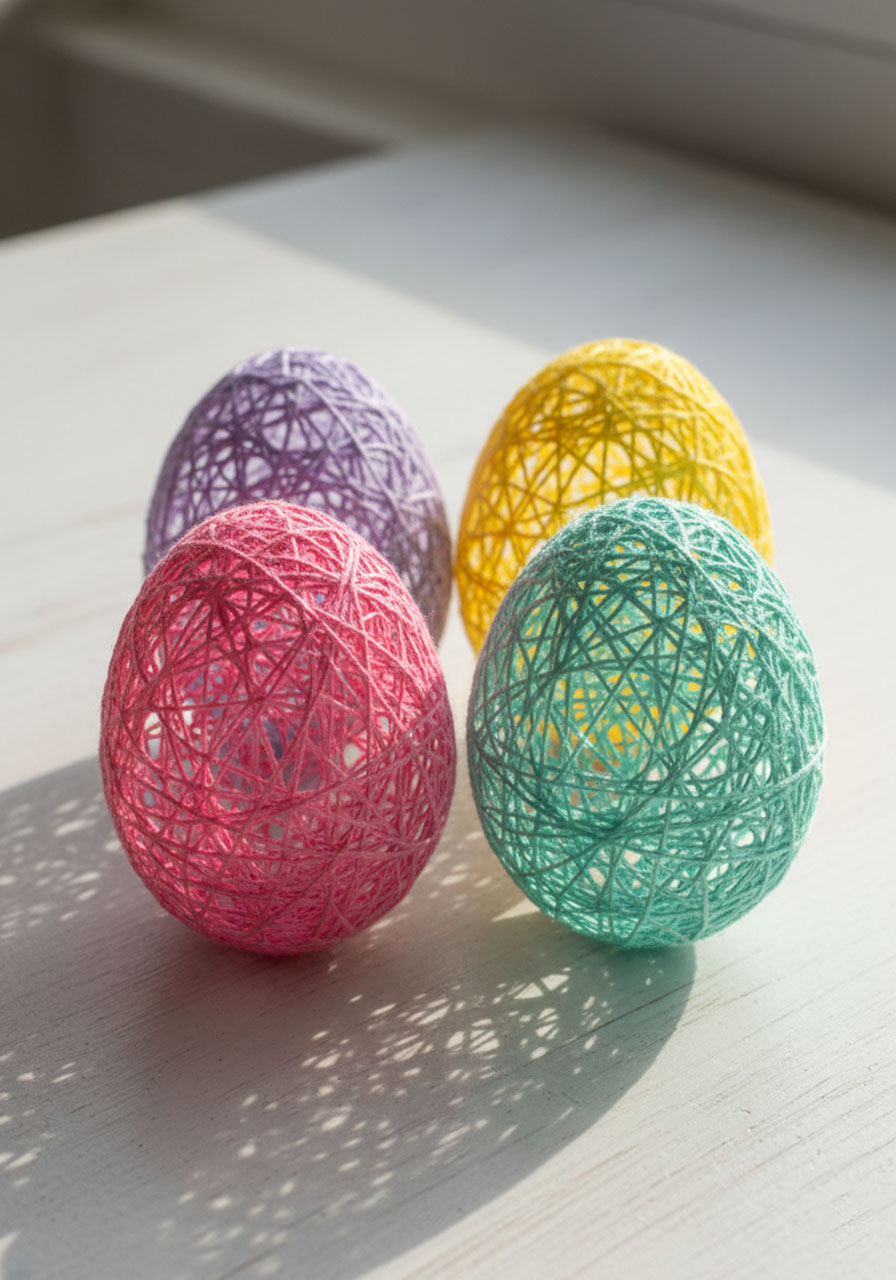 Four successfully completed string Easter eggs in different pastel colors showing delicate lacy structure
