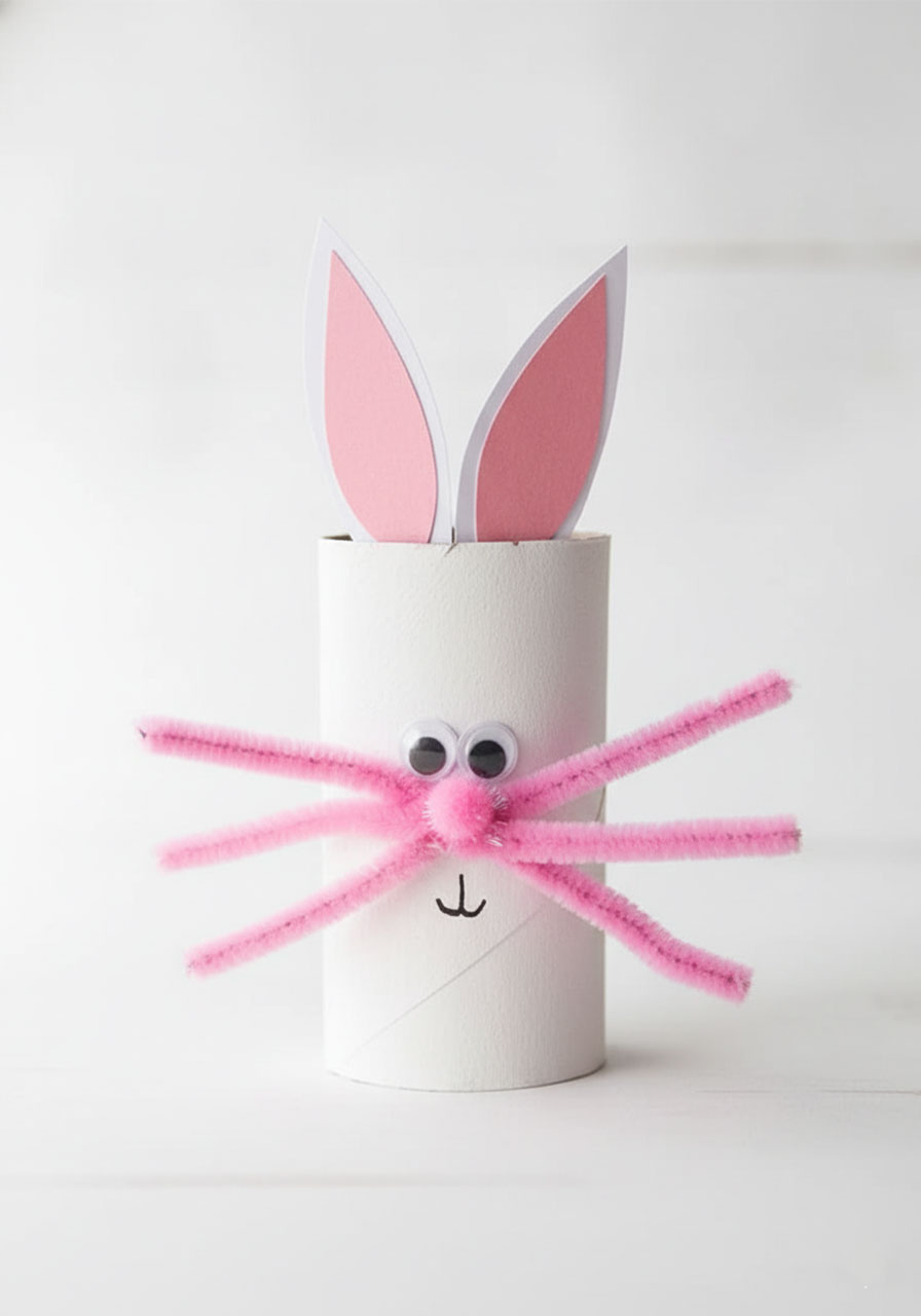 Finished toilet paper roll bunny craft with pink ears, whiskers, and pom pom nose on white background