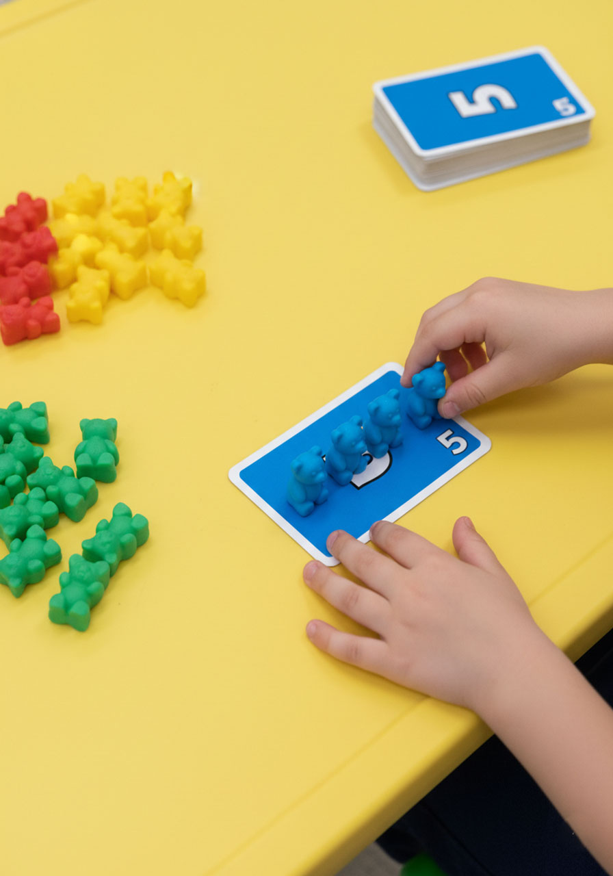 Young child placing blue counting bears on UNO card to match color and practice counting skills