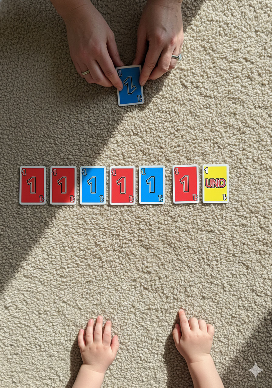 Adult and child creating color and number pattern with UNO cards on floor for math skills development