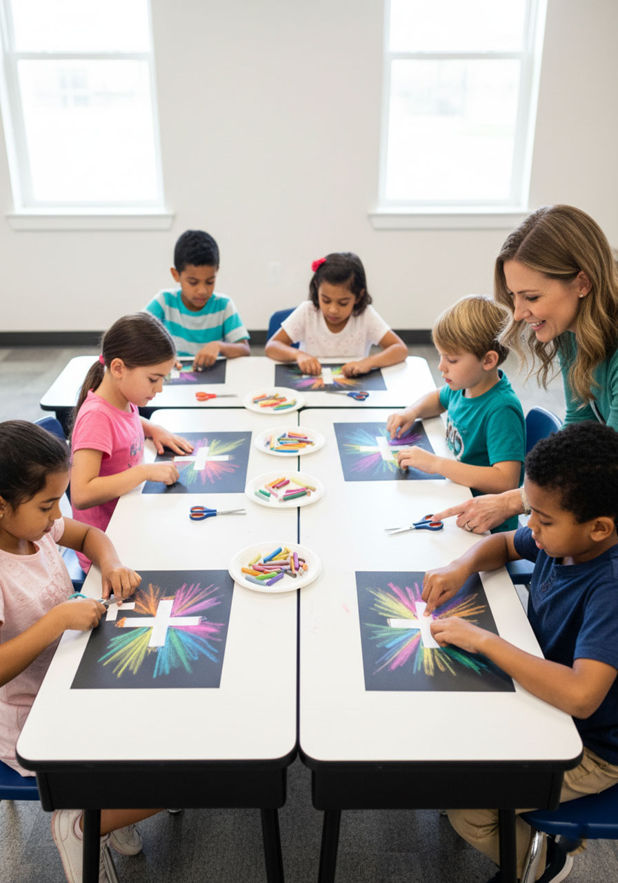 Group of kids making cross Easter chalk pastel crafts in a Sunday School classroom setting with teacher guidance