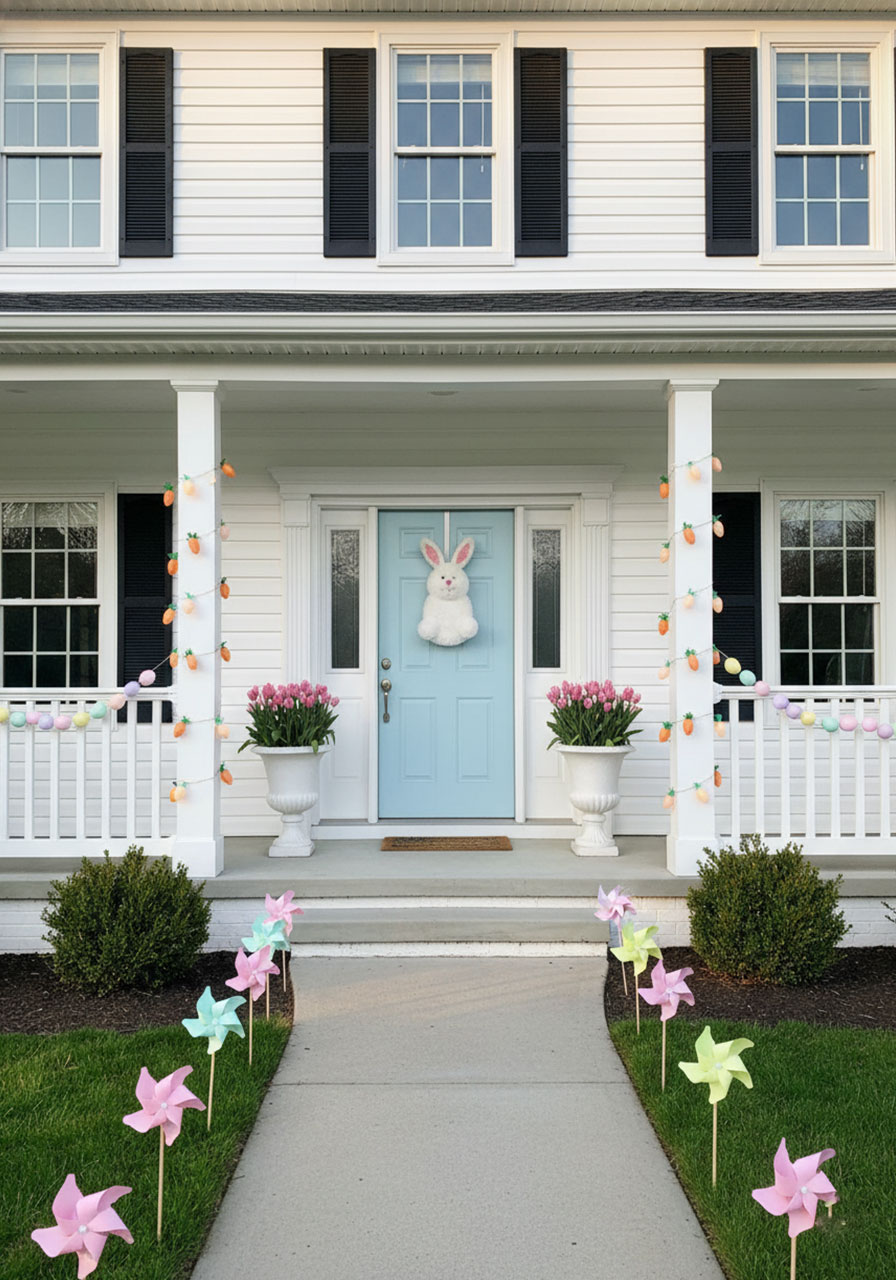 Cute Easter porch decor ideas with bunny wreath, pastel egg garland, and tulip planters on a white colonial home