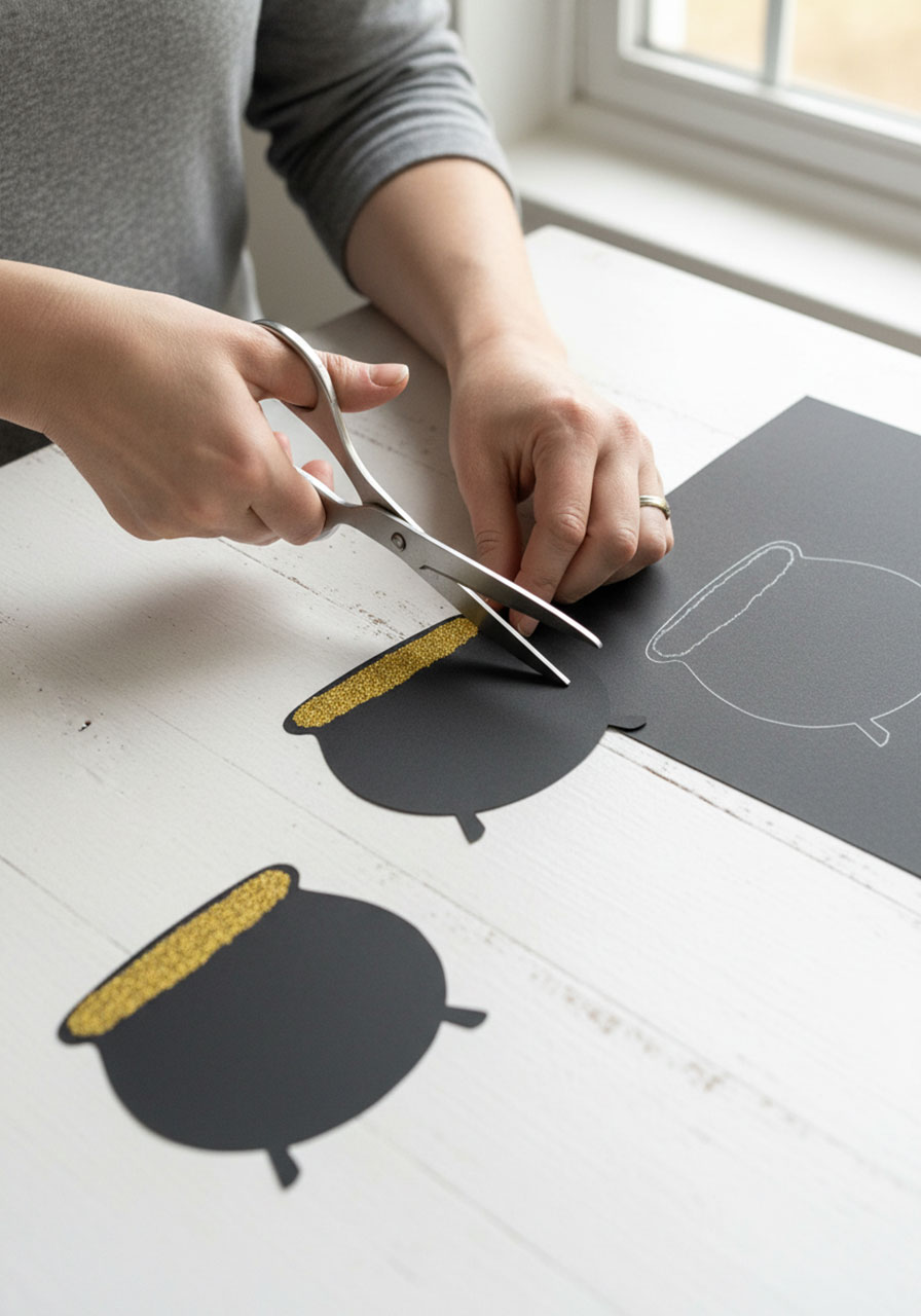 Adult hands cutting black pot of gold shape from construction paper with scissors for St. Patrick's Day fingerprint craft