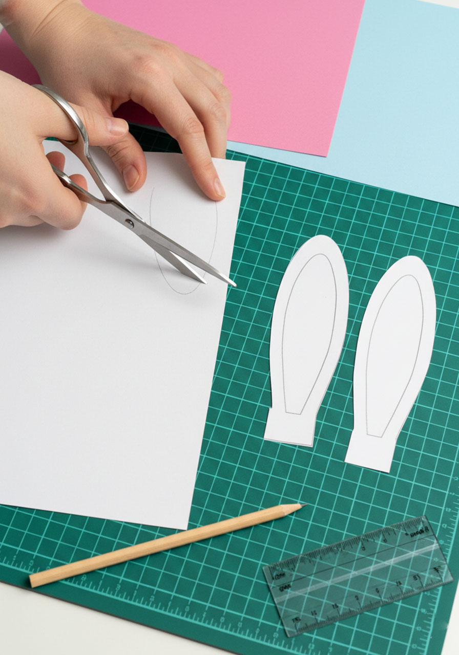 Hands cutting white cardstock into bunny ear shapes with scissors for toilet paper roll Easter craft