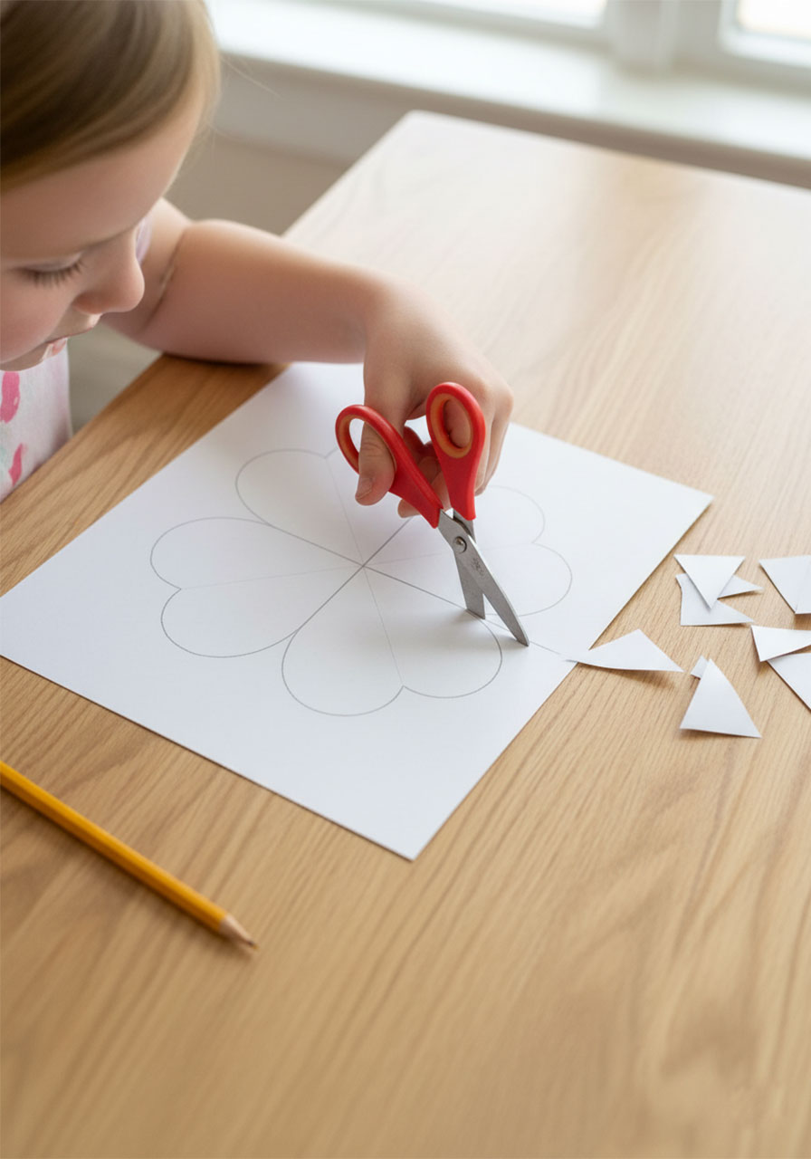 Child cutting a four-heart clover shape from white cardstock to make a foldable heart flower Mother's Day card
