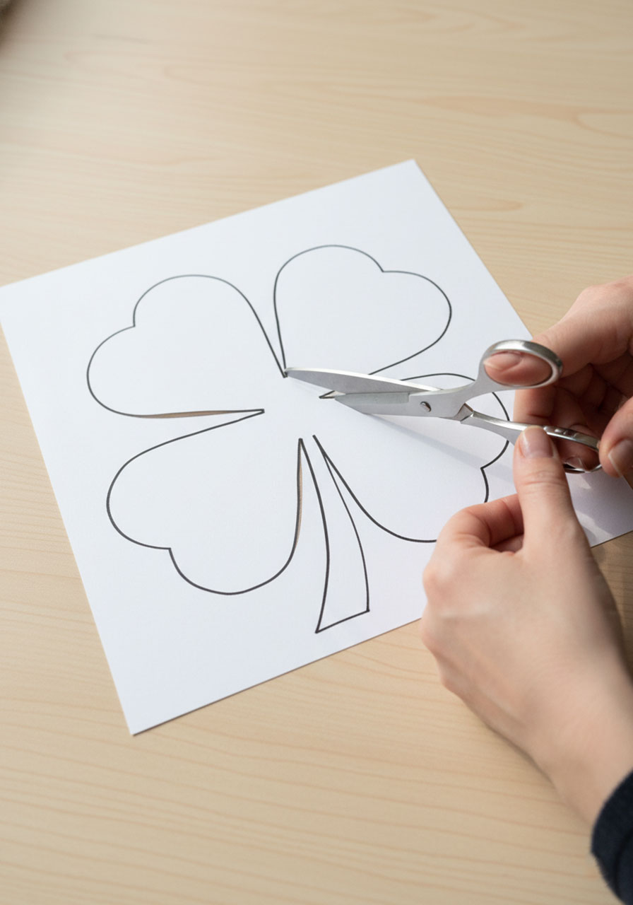Hands carefully cutting out a four-leaf clover template from white cardstock for St. Patrick's Day chalk pastel art project