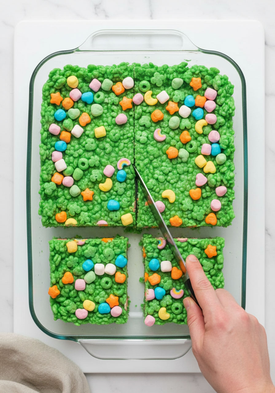 Cutting bright green Lucky Charms Rice Krispie Treats into perfect squares with sharp knife