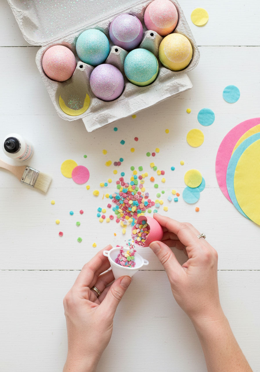 DIY glitter confetti Easter eggs cascarones tutorial showing filling and decorating process for festive party surprise
