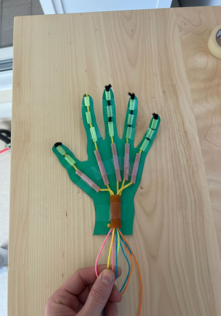 Completed DIY robot hand model made from green cardstock with straws and colored yarn showing finger curling mechanism for STEM activity