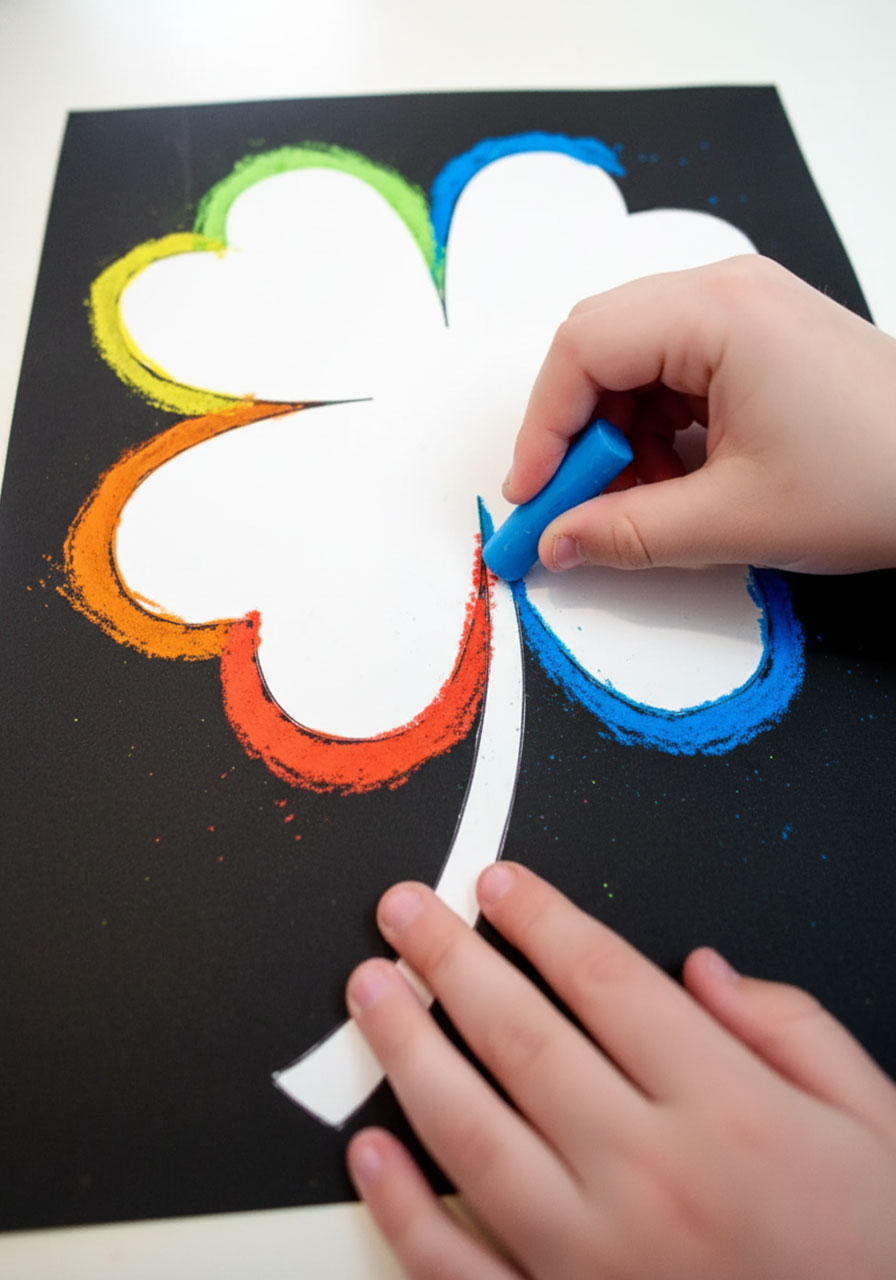 Child's hand drawing thick blue chalk pastel line around four-leaf clover template showing proper technique for St. Patrick's Day art project