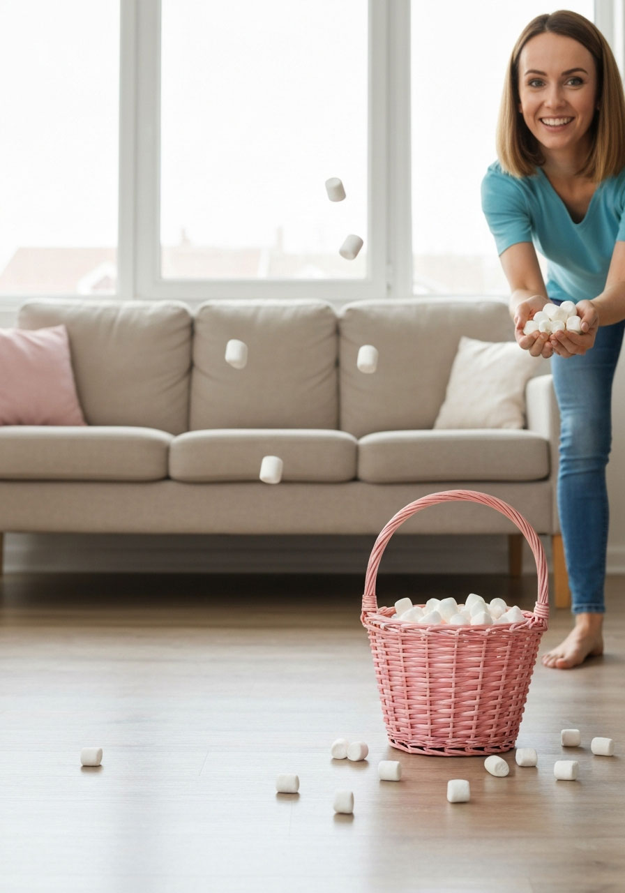 Easter Minute to Win It game tossing marshmallows into basket from distance