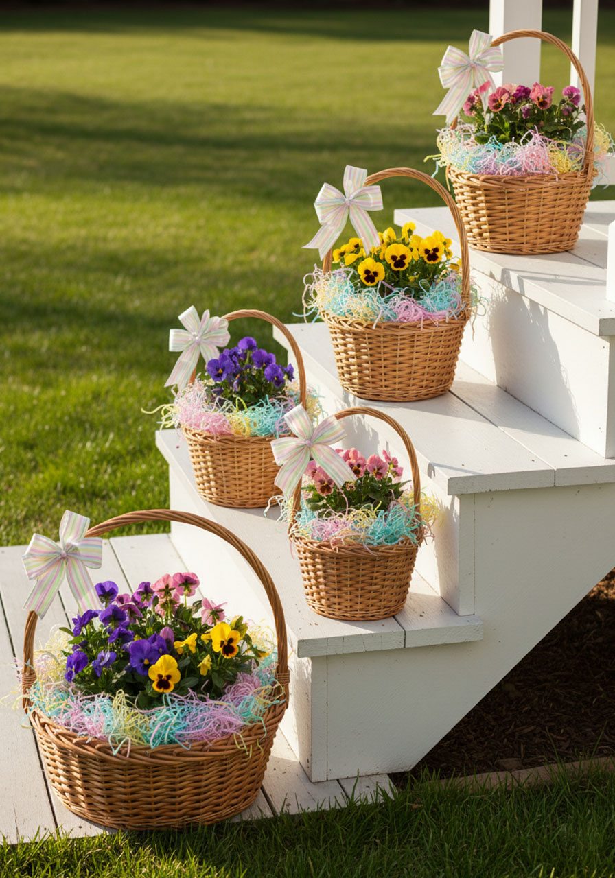 Graduated wicker Easter basket planters filled with pansies arranged up white porch steps for spring decor