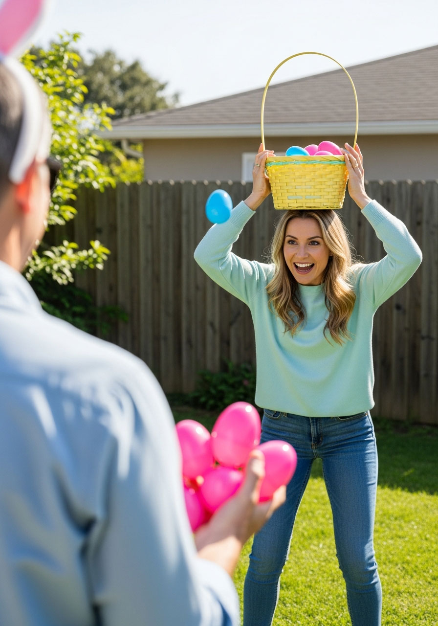 Partner Easter game tossing plastic eggs into basket held on head