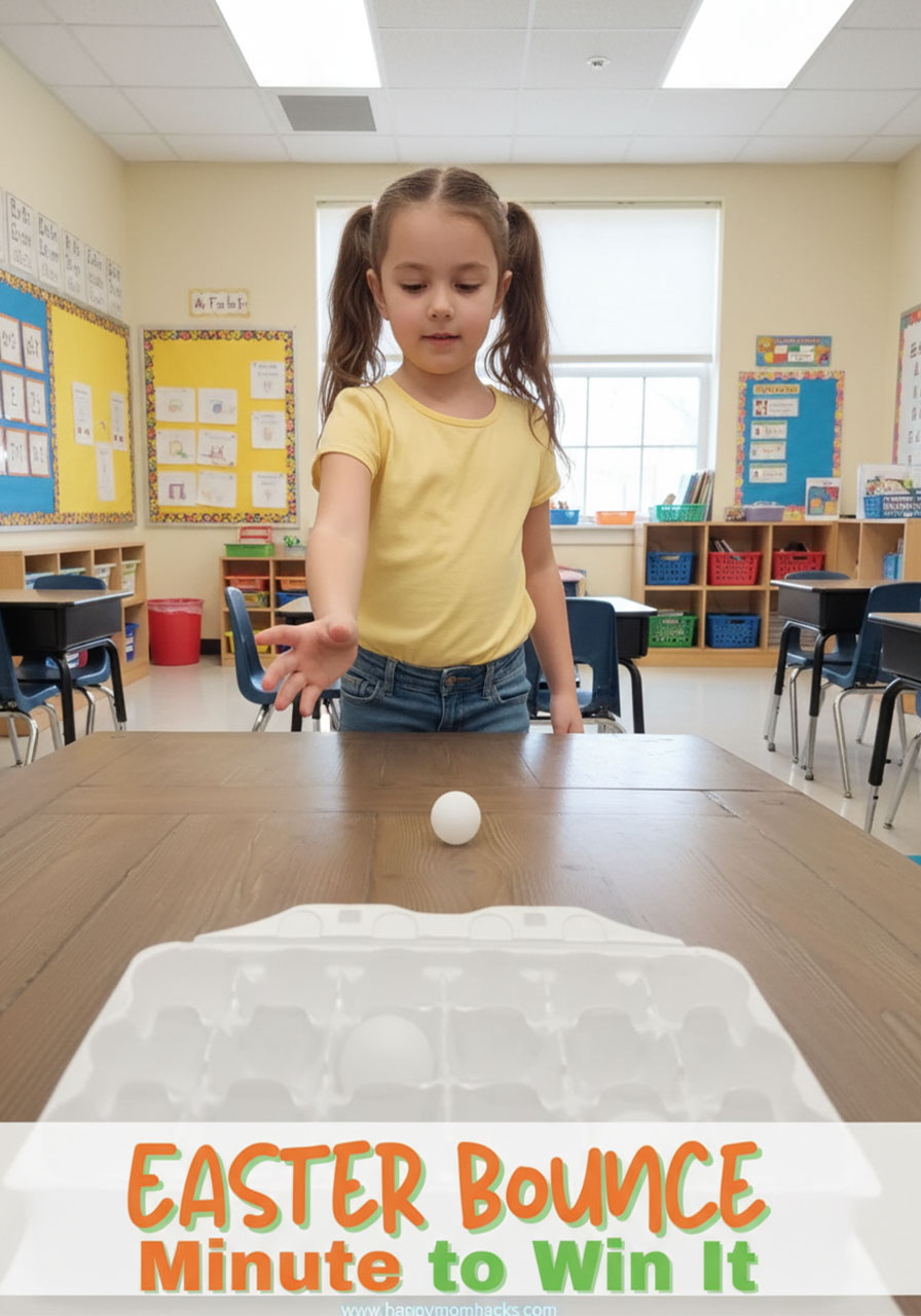 Minute to Win It Easter game bouncing ping pong balls into egg carton