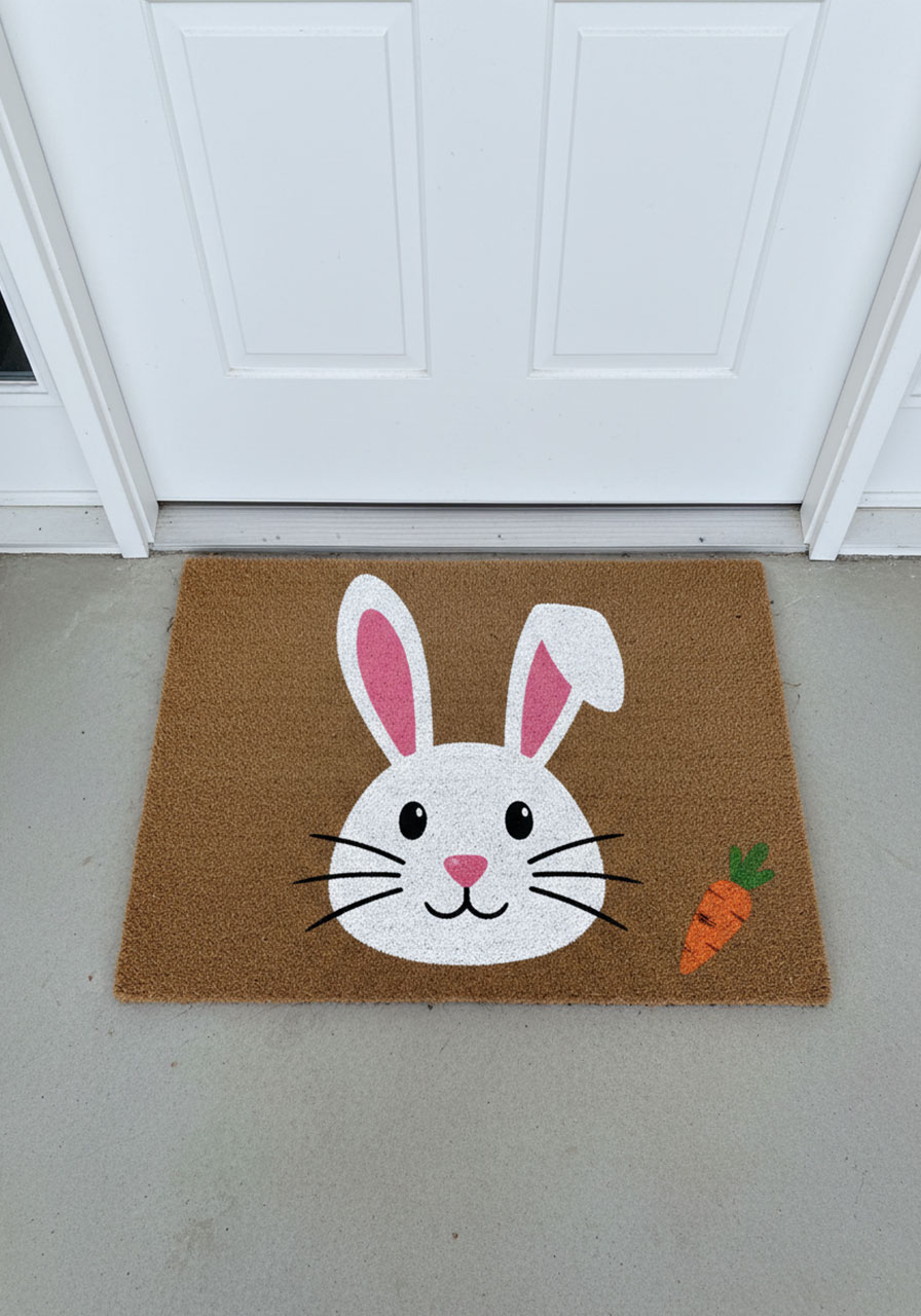 Hand-painted bunny face coir doormat with pink ears and carrot accent for Easter porch decor