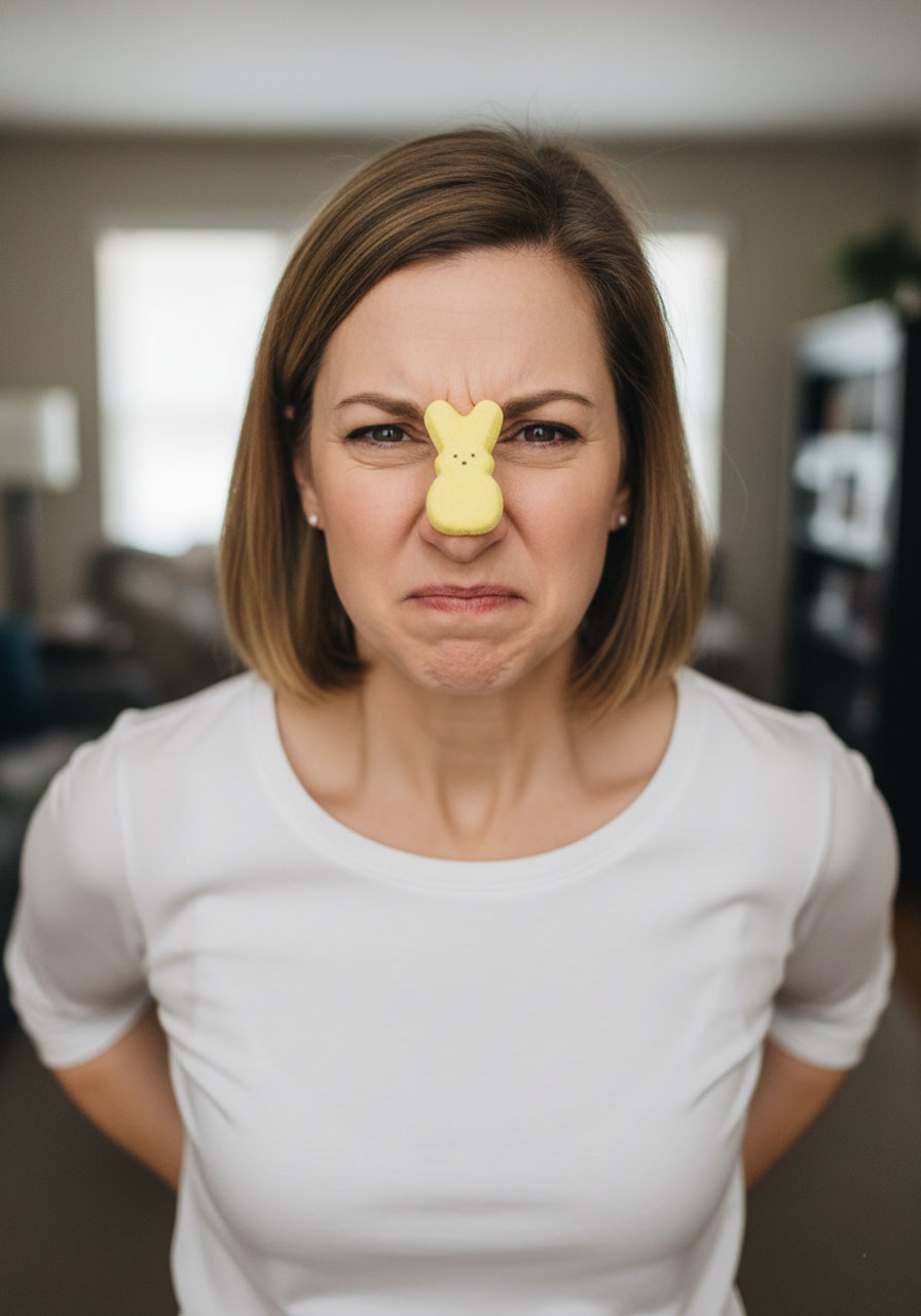 Hilarious Easter face game moving Peep from forehead to mouth without hands