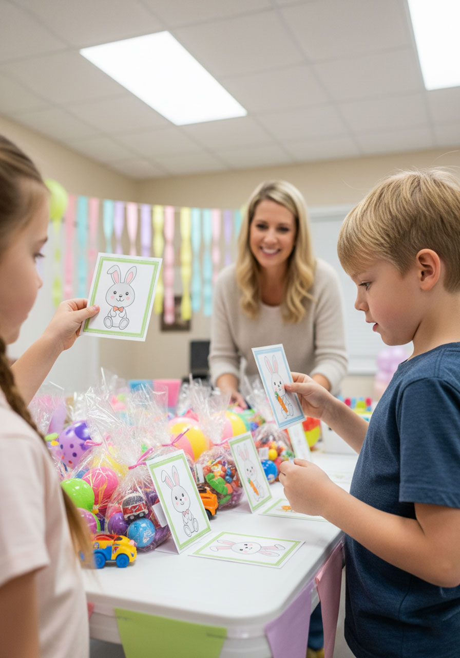 Children playing Easter bunny hunt game matching found bunny pictures to corresponding prizes at party prize table