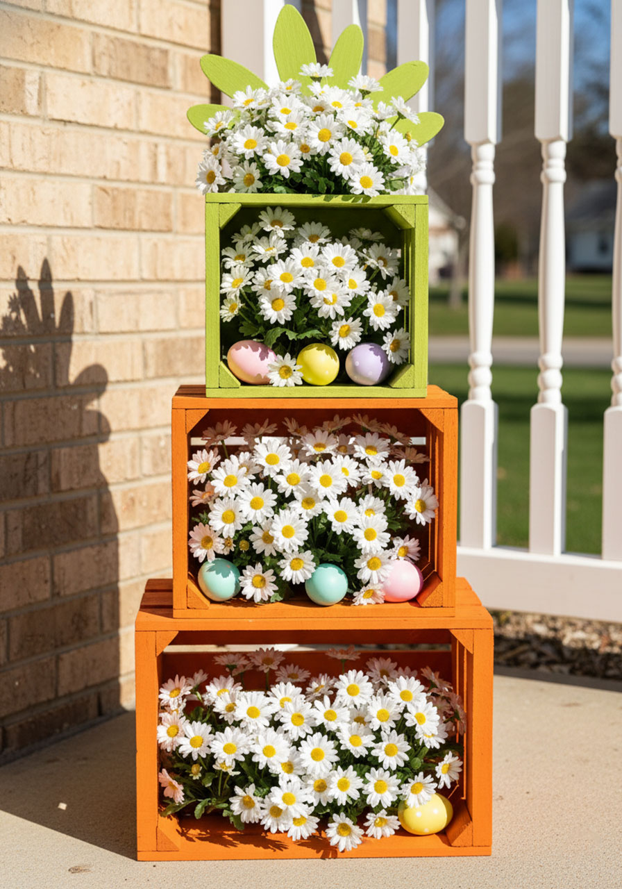 Stacked wooden crates painted orange and green like a giant carrot filled with daisies for Easter porch decor