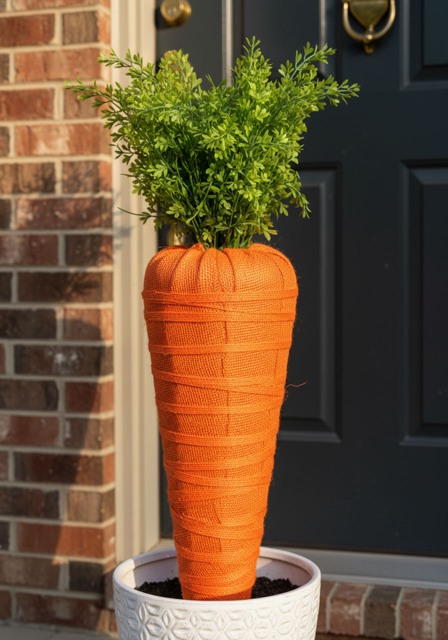 Tall DIY Easter carrot topiary with orange fabric wrapping and green leafy top in white porch planter	
