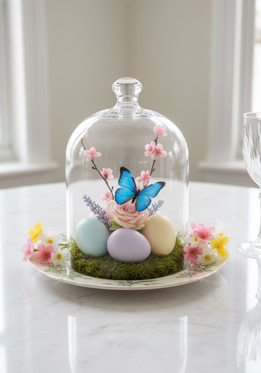 Enchanted Easter centerpiece glass cloche with pastel eggs, butterfly, and spring flowers inside