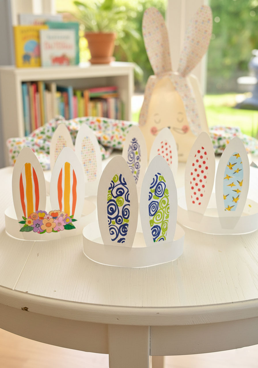 Six handmade Easter DIY bunny ear headbands with different decorative designs including florals, geometric prints, and plain white for coloring, displayed on a table