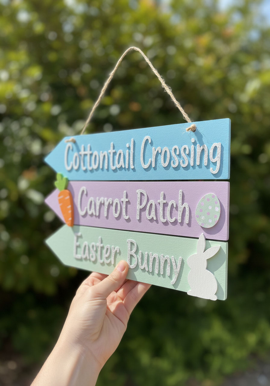 Layered wooden Easter door sign with pastel arrow plaques reading Cottontail Crossing, Carrot Patch, and Easter Bunny held outdoors