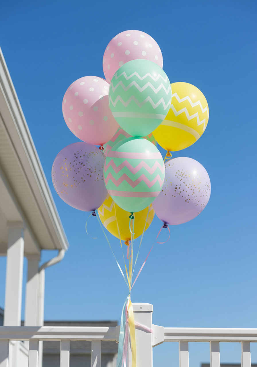 Cluster of pastel Easter egg painted helium balloons tied to a porch railing for spring outdoor decor