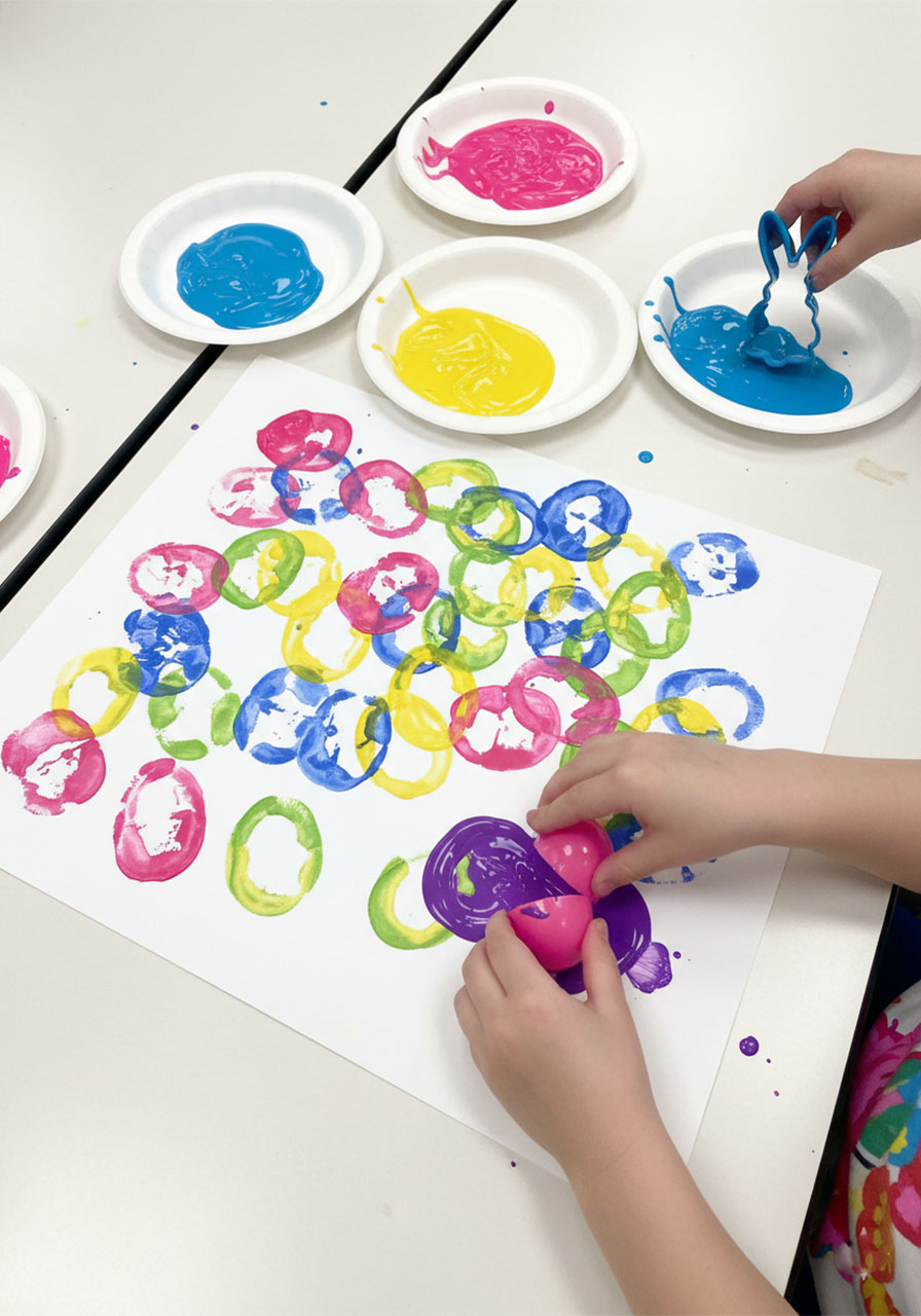 Preschool Easter stamping art activity using plastic eggs and bunny cookie cutters with colorful paint