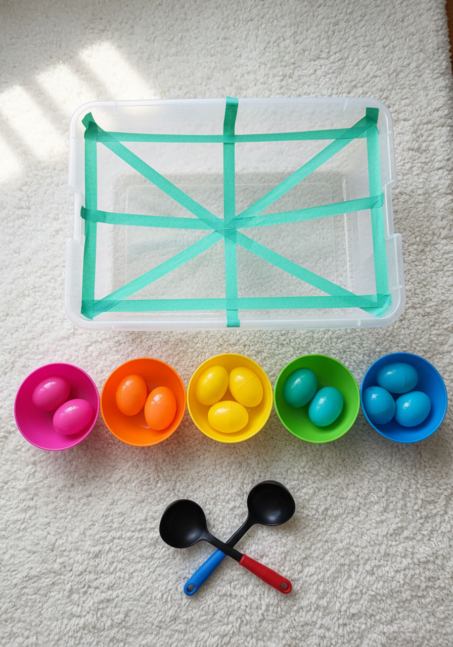 Colorful plastic bowls with sorted Easter eggs by color showing completed rescue and sorting fine motor activity