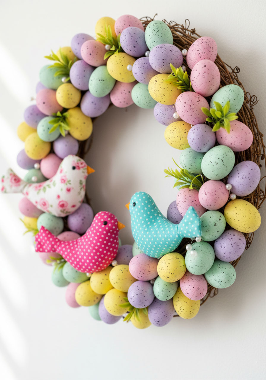 DIY Easter wreath with grapevine base covered in pastel speckled faux eggs and three handmade polka-dot fabric birds nestled among greenery