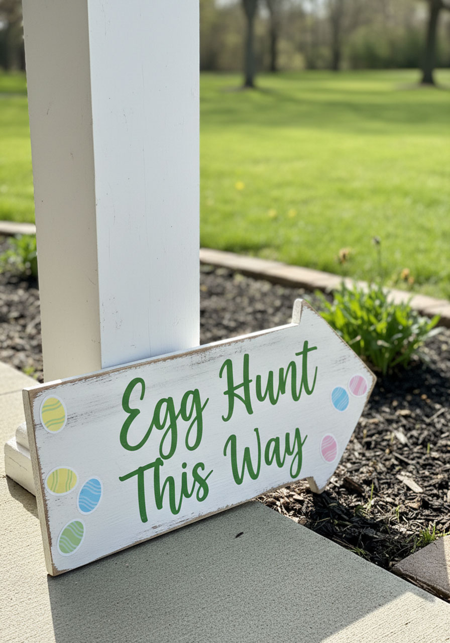 Rustic painted wooden Easter egg hunt arrow sign leaning against porch column for spring outdoor decor
