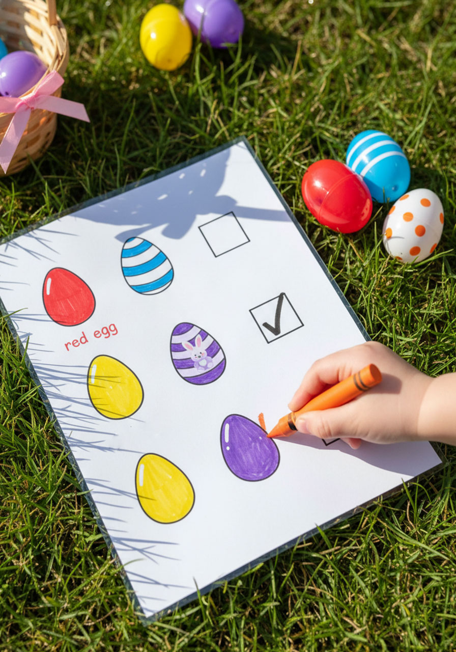 Toddler using picture checklist to track found Easter eggs during scavenger hunt style egg hunt activity