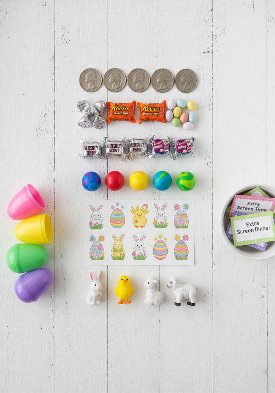 Variety of Easter egg hunt prizes and treats including coins, candy, small toys, and coupons for filling plastic eggs