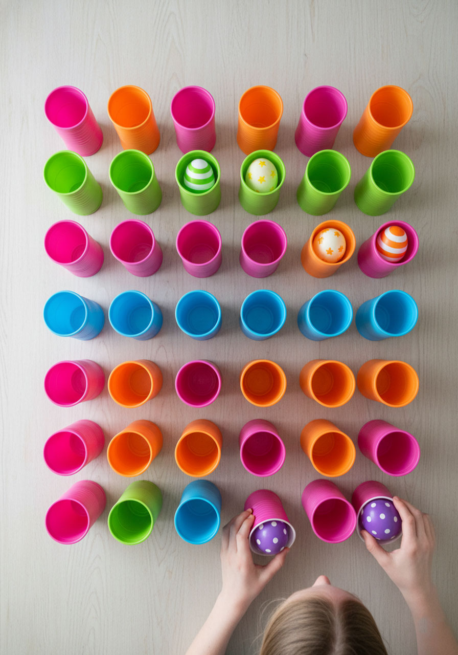 Colorful solo cup memory matching game with decorated Easter eggs hidden underneath for indoor Easter party activity