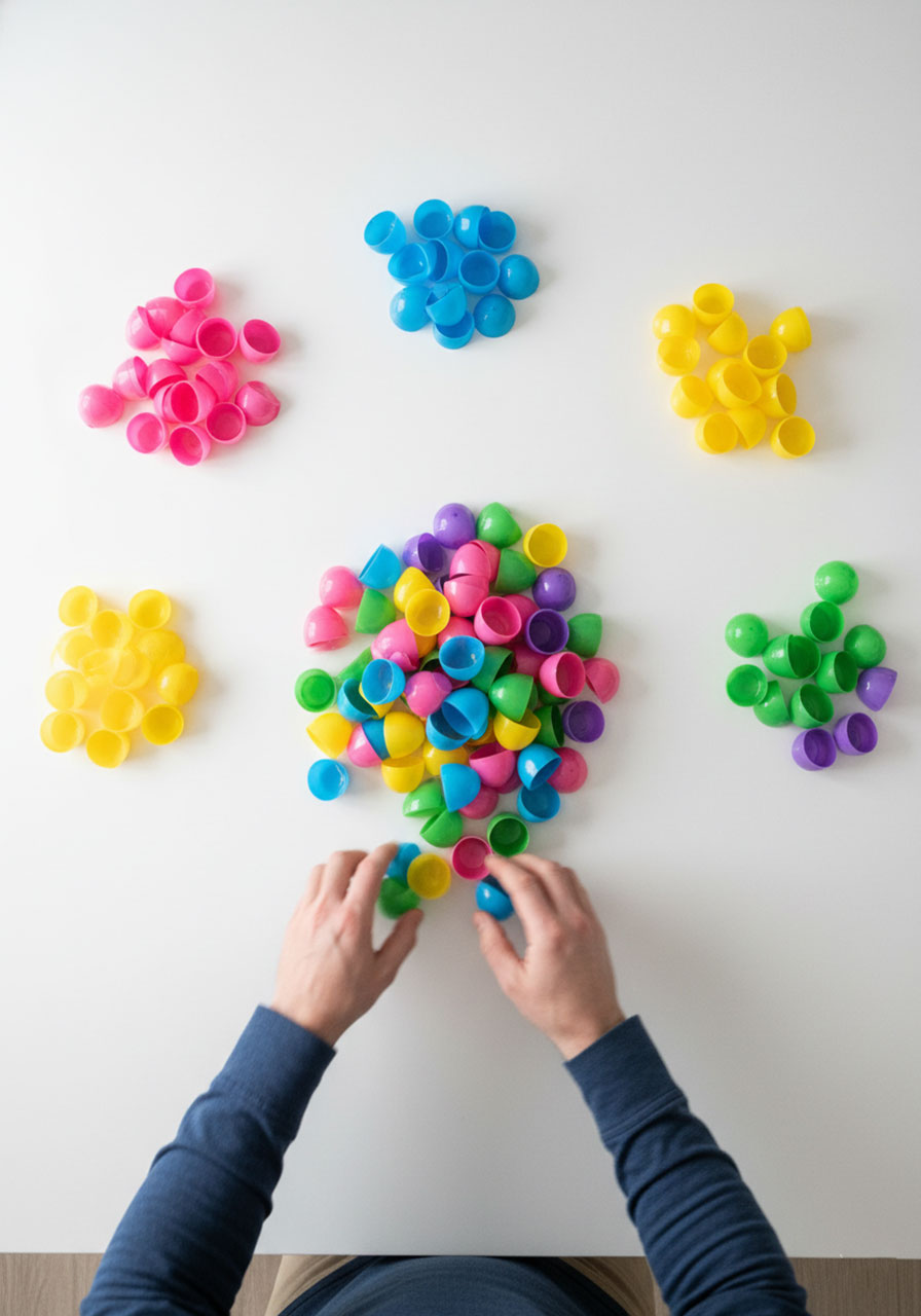 Easter Minute to Win It sorting game organizing egg halves by color