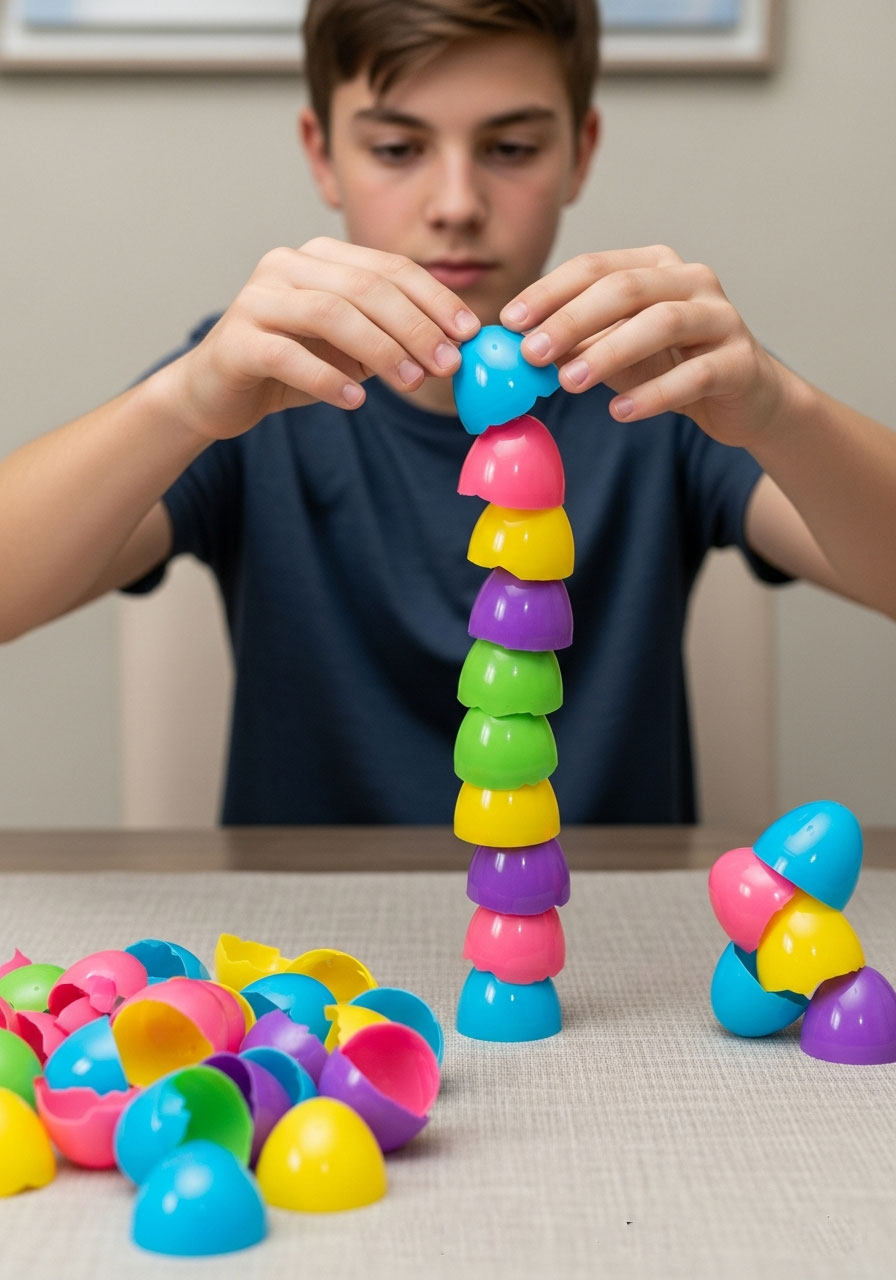 Easter game stacking plastic egg halves into tall tower before timer runs out