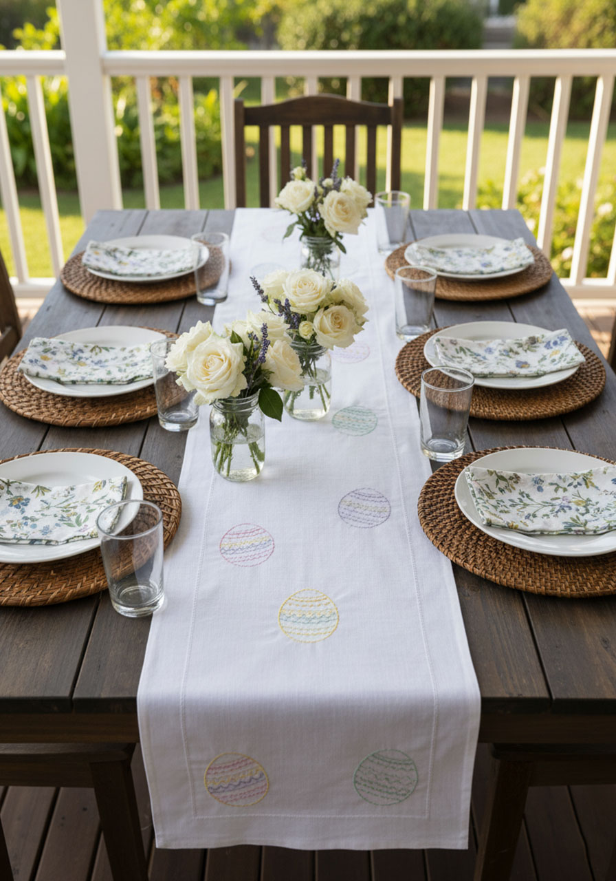 Hand-embroidered pastel Easter egg table runner on a set outdoor porch dining table for spring entertaining