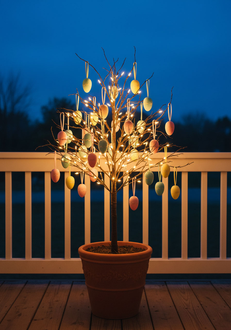 Small bare-branch Easter egg tree with pastel eggs and glowing fairy lights on a porch at dusk