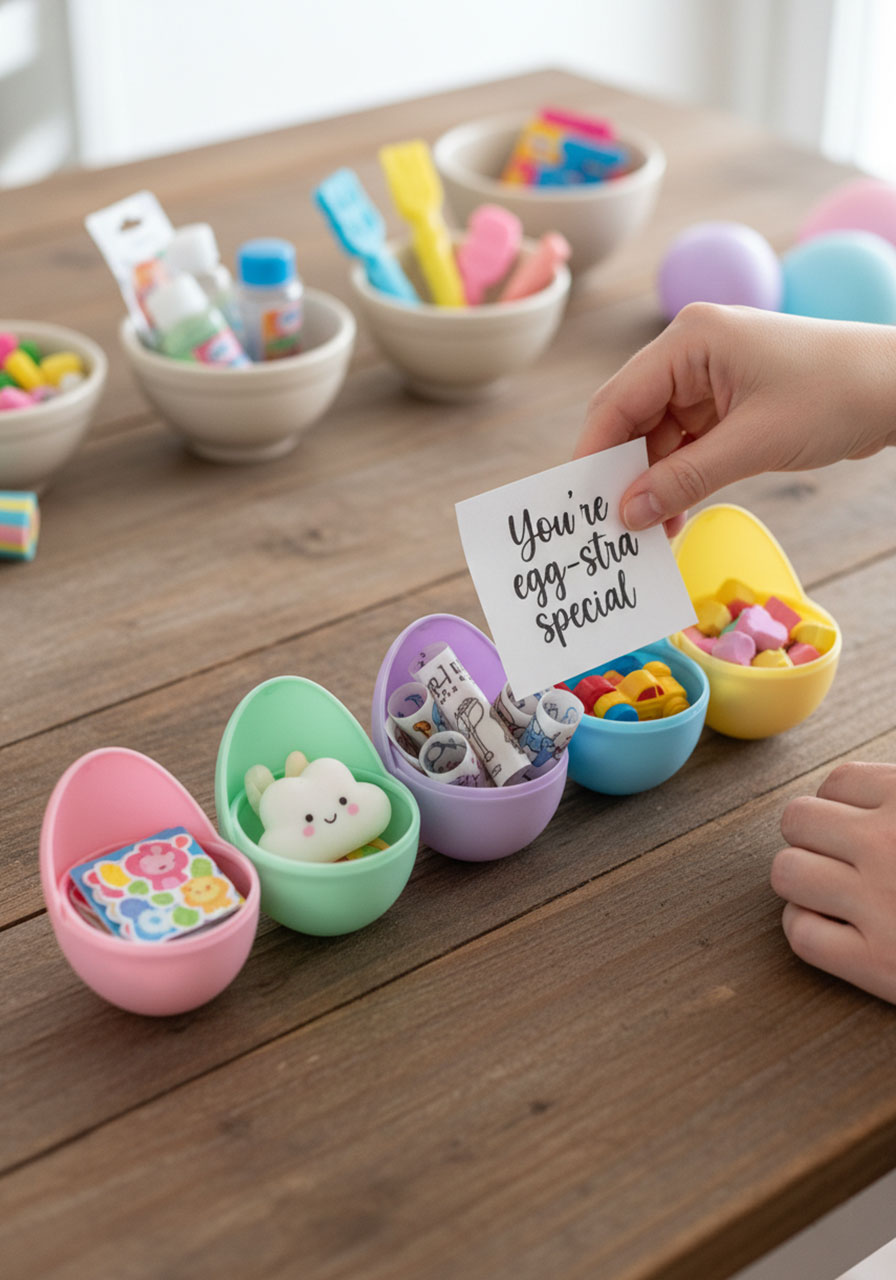 Plastic Easter eggs filled with small toys, stickers, and treasures instead of candy for toddler egg hunt alternatives