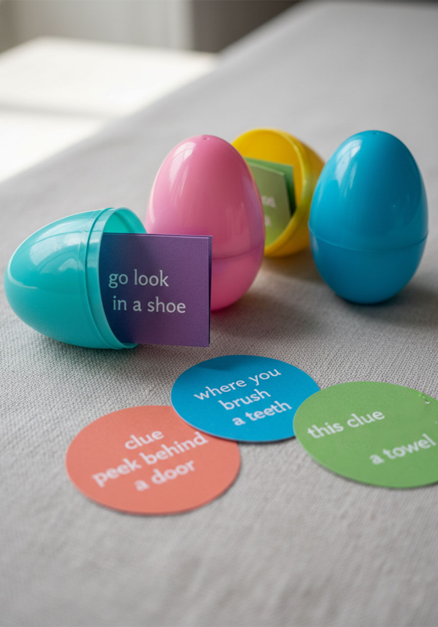 Colorful plastic Easter eggs opened to reveal printable clue cards inside for indoor scavenger hunt game