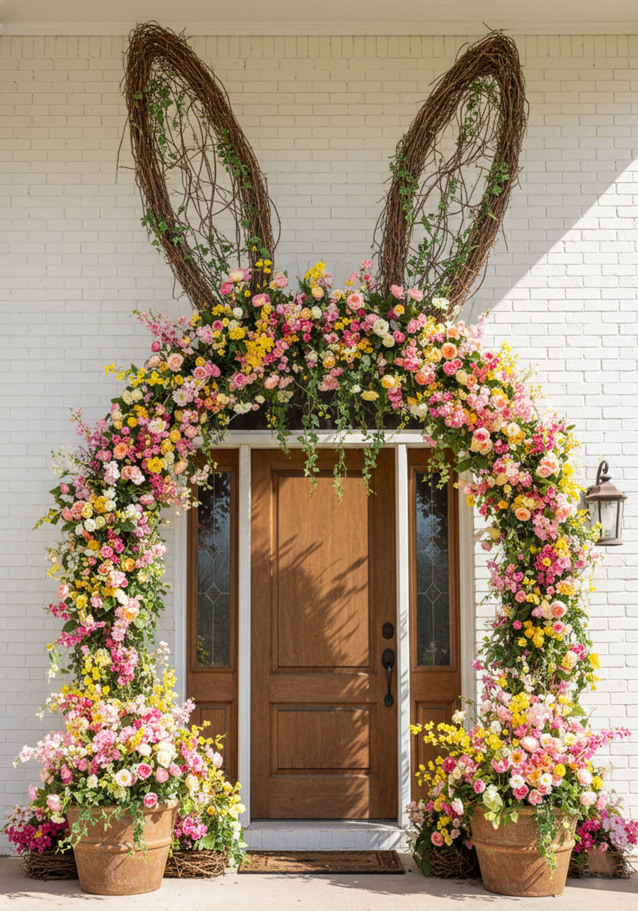 Stunning Easter bunny ears grapevine arch with pastel flowers framing a front door for spring porch decor